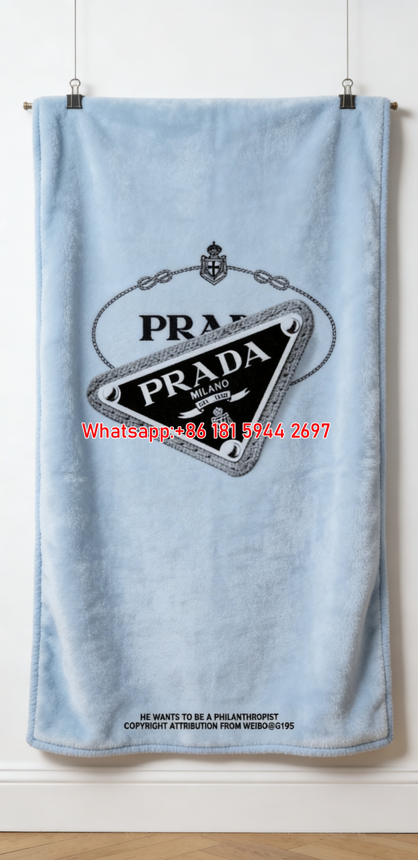 Prada Light Blue Background Triangle Logo Printed Flannel Throw Blanket IMG_2767